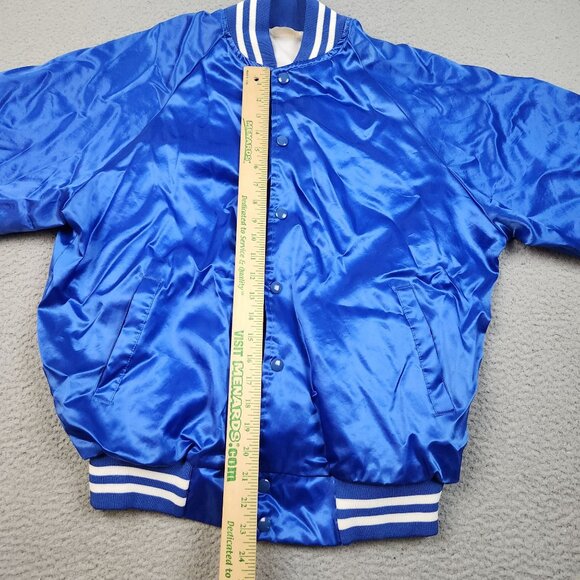Vintage Satin Bomber Jacket Large Lined Blue Blank Snap Button Front 90s USA - Picture 4 of 11